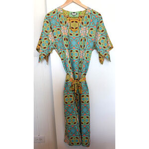 Nuvula Dress Small Teal Satin Kimono Sleeves Psychedelic Stars Belted Boho Retro
